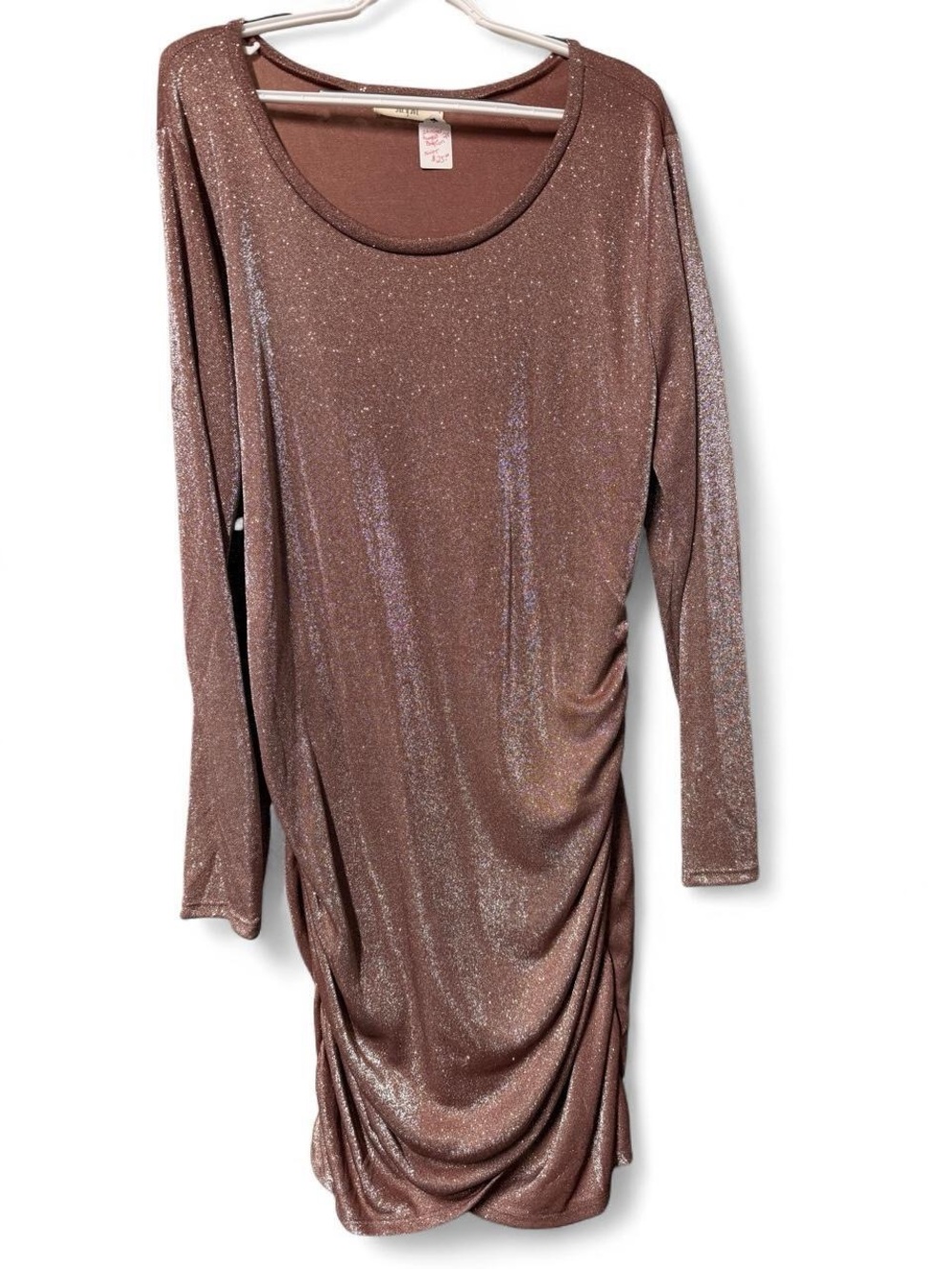 Long-Sleeve Shimmery Brown Ruched Dress
